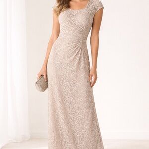 Tahari Lace Cap-Sleeve Maxi Dress in Nude Blush